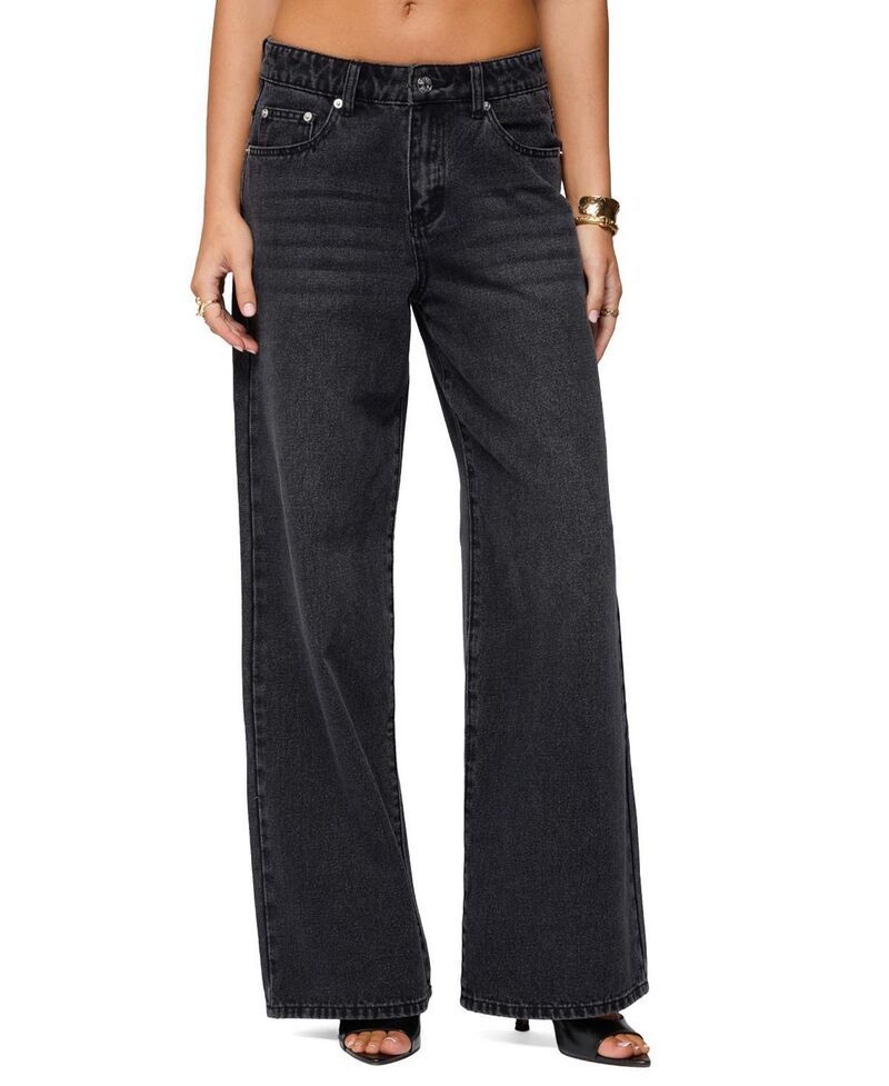 アディクテッド レディース ボトムス デニムパンツ ワイドレッグ ジーンズ Edikted Ery Wide Leg Mid Rise Jeans Black ブラック