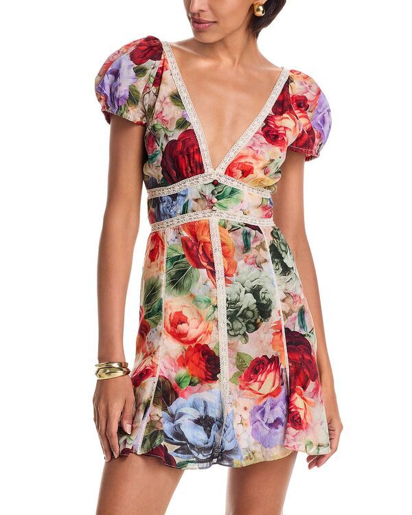 アリスアンドオリビア レディース トップス ワンピース Vネック レーストリム ミニ レース Alice and Olivia Lara Deep V Neck Lace Trimini Dress Peak Floral Green Teal ティール