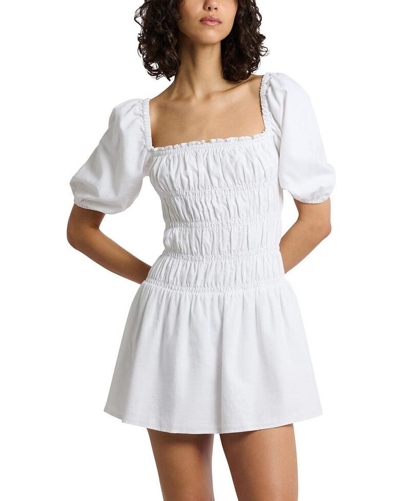 オニア レディース トップス ワンピース ミニ シャーリング リネン Oniair Linen Smocked Mini Dress White ホワイト
