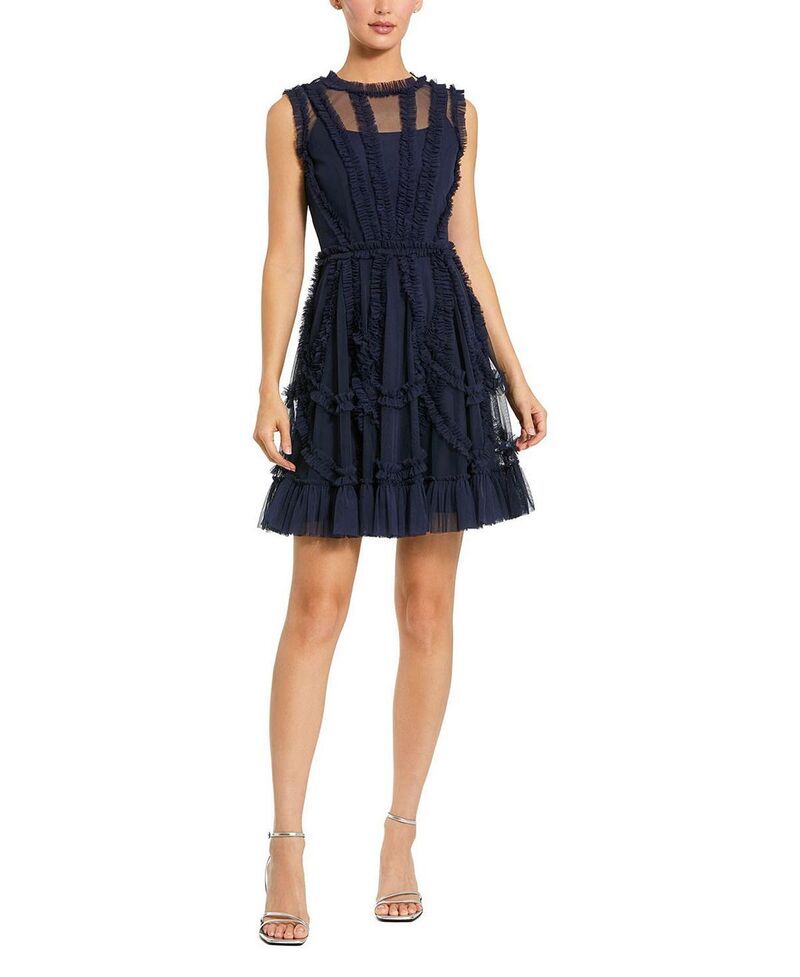 マックダガル レディース トップス ワンピース ハイネック フリル ミニ メッシュ Mac Duggal Mesh Micro Ruffle High Neck Mini Dress Indigo インディゴ