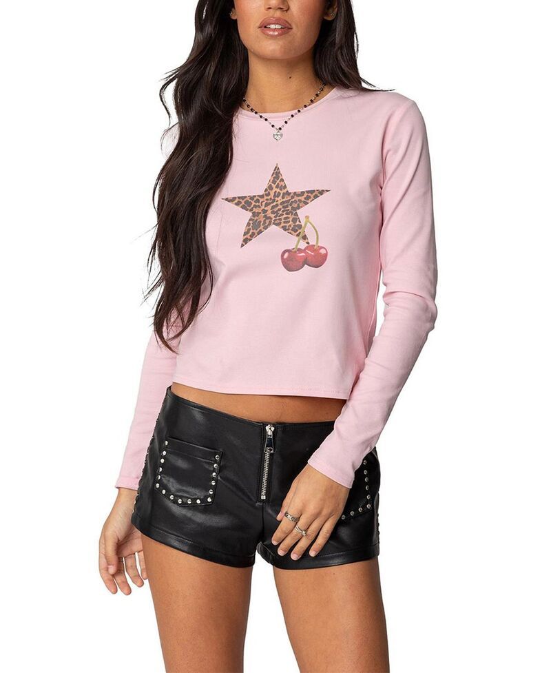 アディクテッド レディース トップス シャツ Edikted Cherry Leopard Star Long Sleeve T Shirt Pink ピンク