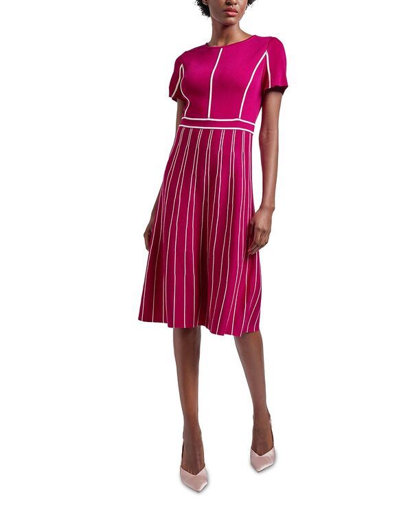ミソック レディース トップス ワンピース A ライン コントラスト Misook Contrast Piping Jewel Neck A Line Dress Pink FlashWhite ホワイト