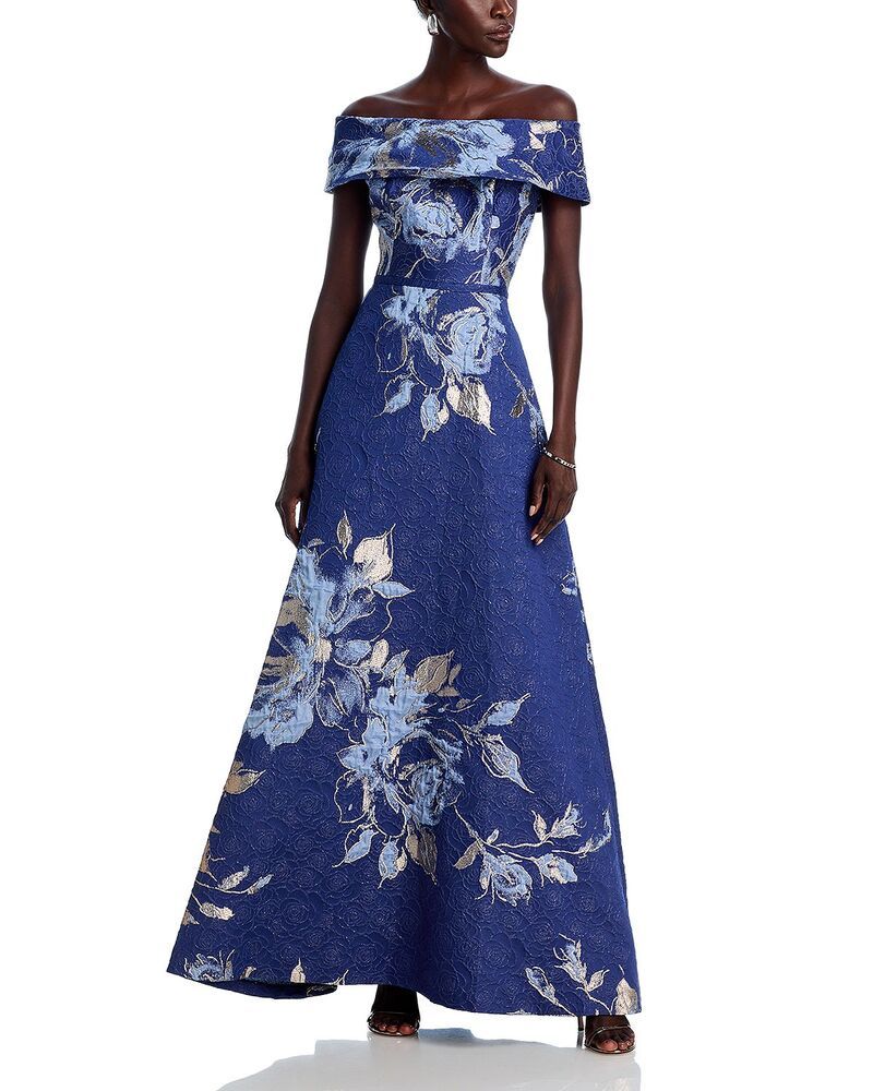 テリジョンバイリッキーフリーマン レディース トップス ワンピース フラワー柄 トール フラワー Teri Jon by Rickie Freeman OfftheShoulder Metallic Floral Jacquard Gown Blue Mult