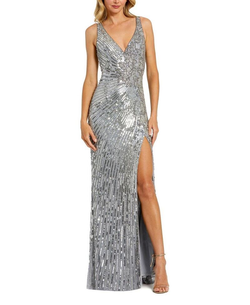 マックダガル レディース トップス ワンピース フラワー柄 ノースリーブ フラワー Mac Duggal Beaded Floral Sleeveless Gown Silver シルバー