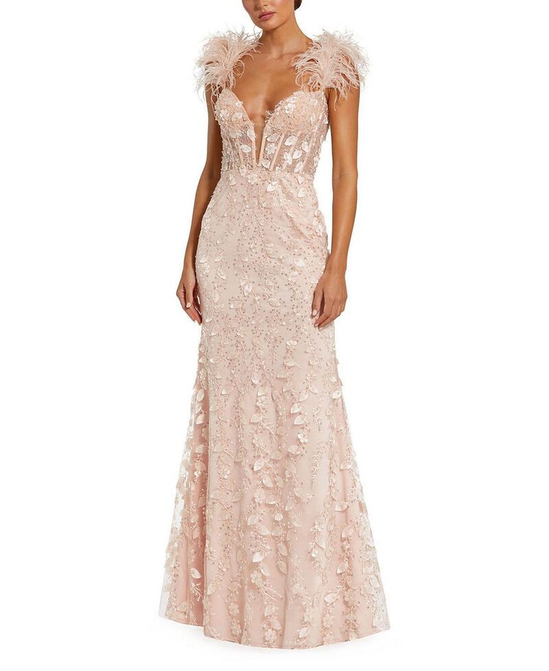 マックダガル レディース トップス ワンピース シアー Mac Duggal Feather Strapsheer Applique Bustier Gown Peach ピーチ