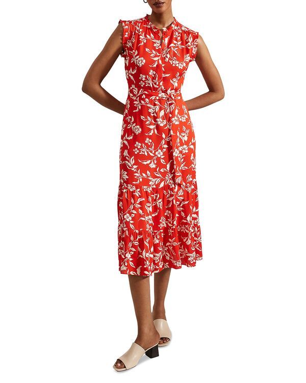 ホッブスロンドン レディース トップス ワンピース フリル ミディ HOBBS LONDON Elsa Ruffled Midi Dress Red Buttercream レッド