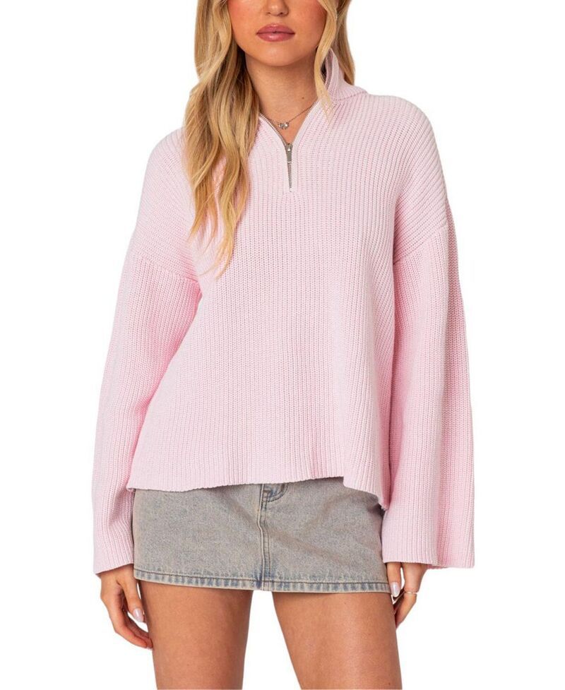 アディクテッド レディース アウター ニット・セーター ハイネック Edikted Amour High Neck Oversized Zip Sweater Pink ピンク