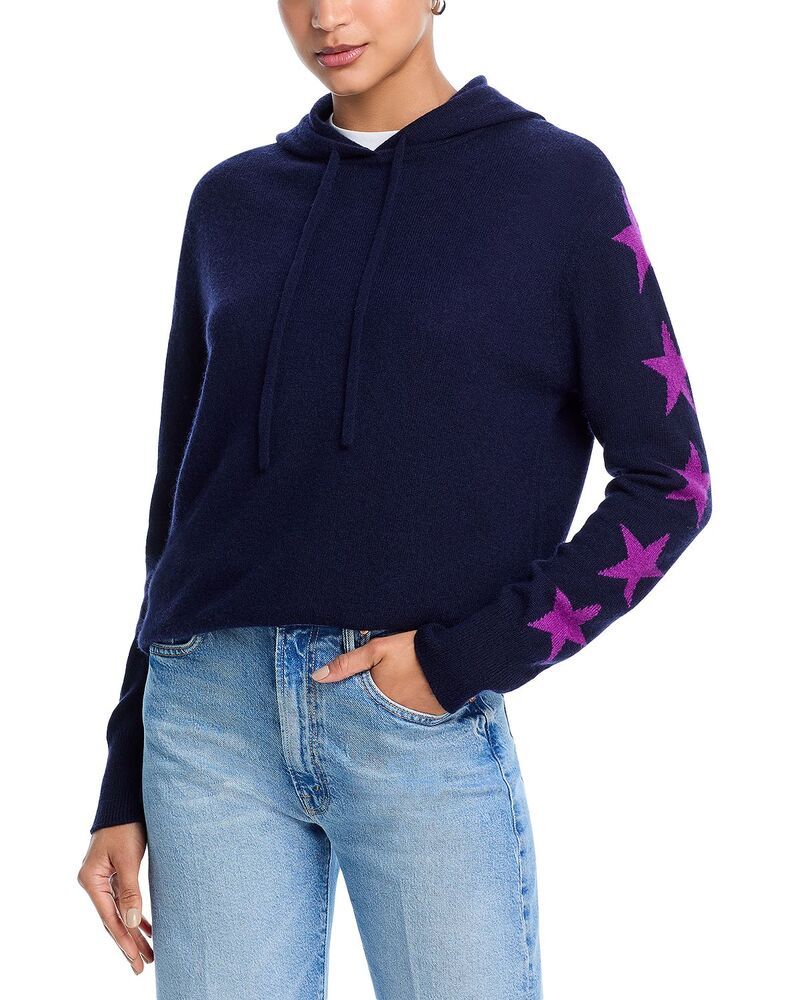 アクア レディース アウター ニット・セーター パーカー AQUA 100 Cashmere Star Sleeve Hoodie Sweater Exclusive PeacoatPurple Twist パープル