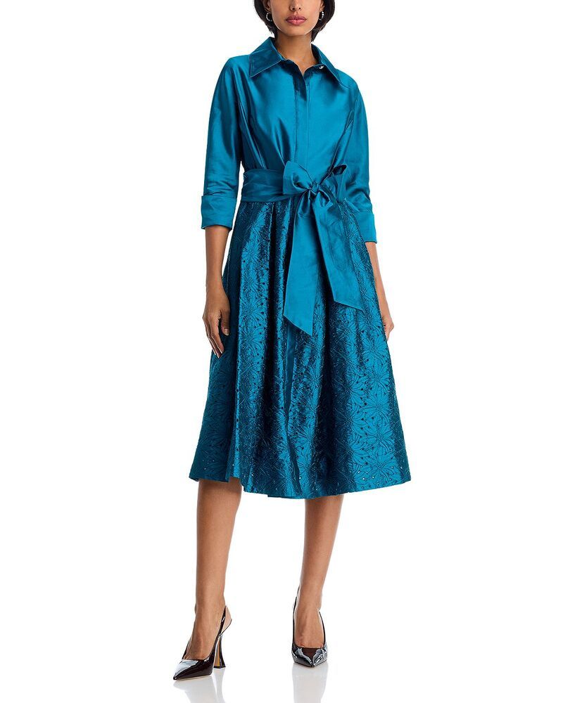 テリジョンバイリッキーフリーマン レディース トップス シャツ 刺繍 Teri Jon by Rickie Freeman Embroidered Sash Belt Shirt Dress Teal ティール