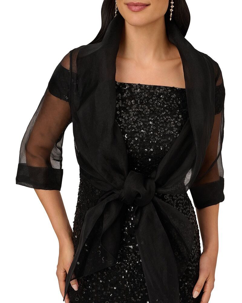 アドリアナ パペル レディース アウター ジャケット・ブルゾン Adrianna Papell Organza Tie Front Wrap Jacket Black ブラック
