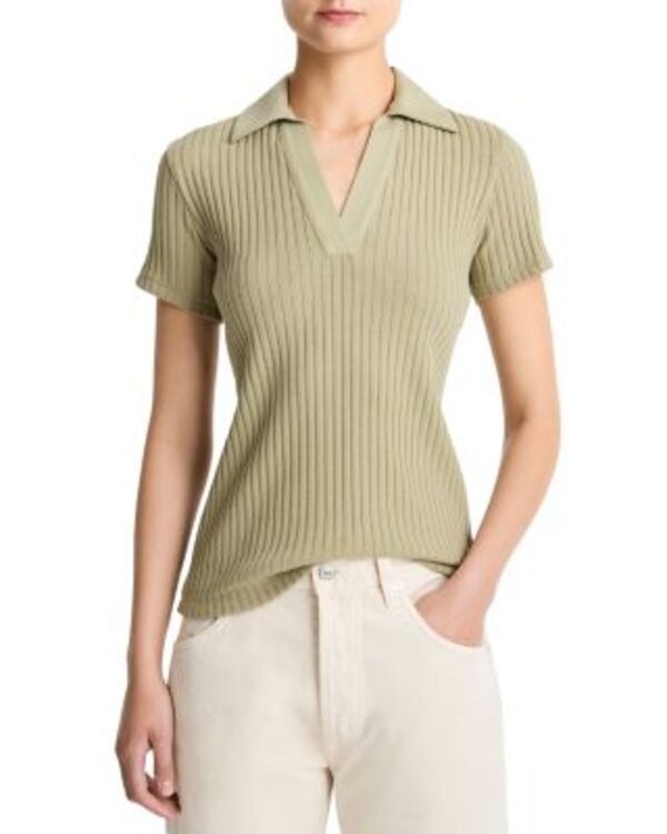 ヴィンス レディース トップス ポロシャツ リブ ニット Vince Ribbed Knit Pololive Stone オリーブ