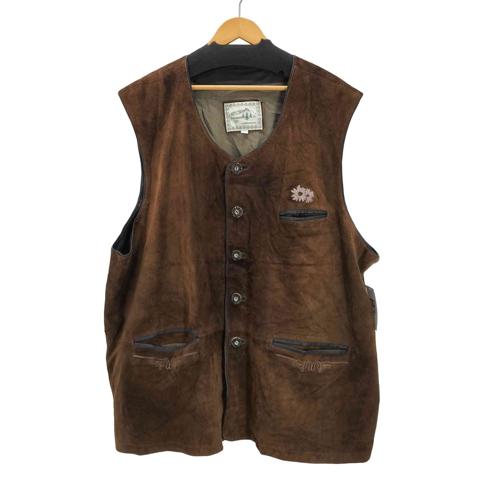 ユーズドフルギ USED古着 Natural Life 80S ピッグスキン 本革 豚革 ピッグスキン スウェード チロリアン ベスト 鹿角ボタン メンズ 009