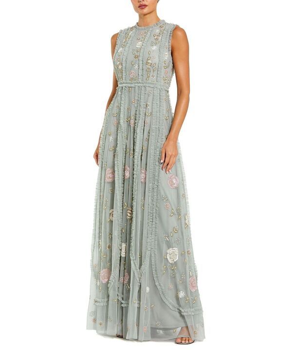 マックダガル レディース トップス ワンピース A ライン フラワー柄 フリル メッシュ ノースリーブ フラワー Mac Duggal Floral Mesh Sleeveless Aline Micro Ruffle Gown Sage Multi セージ