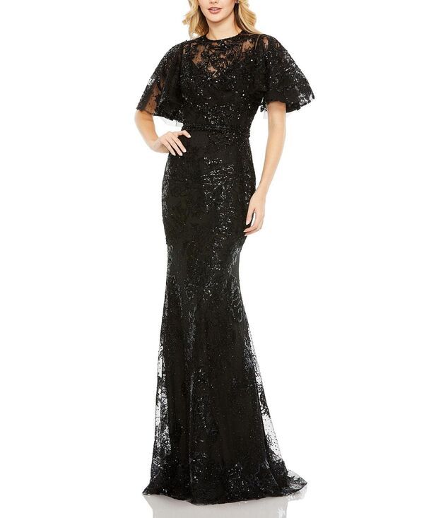 マックダガル レディース トップス ワンピース ハイネック Mac Duggal Embellished Flutter Sleeve High Neck Gown Black ブラック