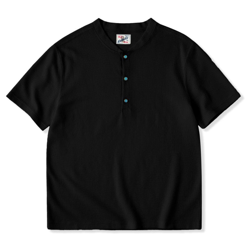 新品 [karaku] Tシャツ メンズ 半袖 夏服 綿 丸首 無地 柔らかい 人気短袖 ターコイズ風ボタン付き ワッフルヘンリーTシャツ 2XL ブラック