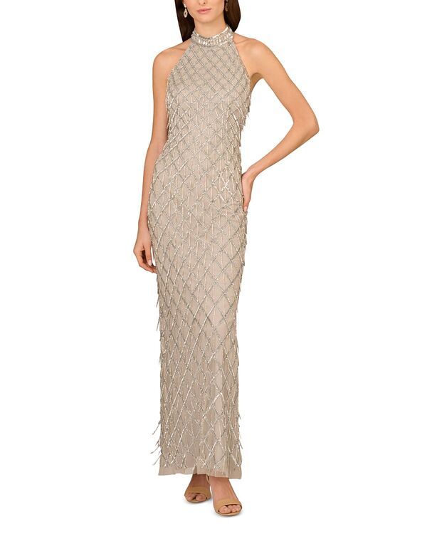 アイダンマットックス レディース トップス ワンピース ホルター Aidan Mattox Beaded Halter Gown Silver シルバー