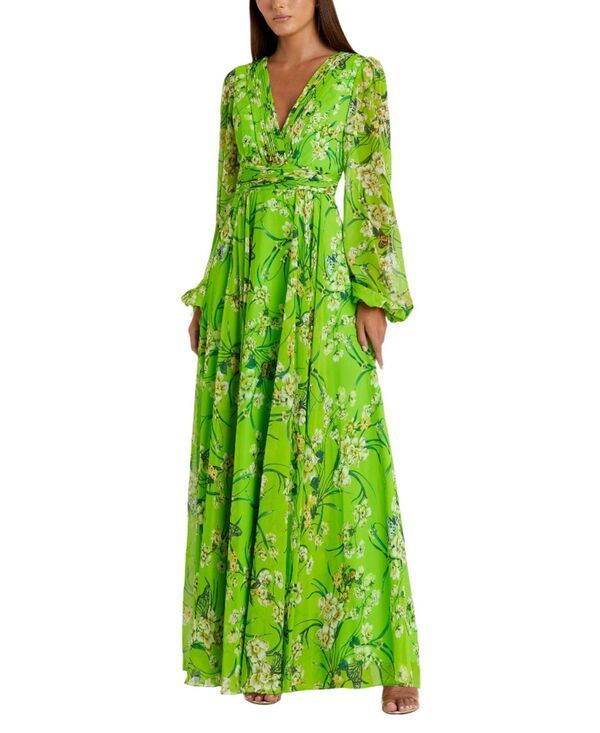 マックダガル レディース トップス ワンピース シフォン フラワー柄 フラワー Mac Duggal Puff Sleeve Floral Chiffon Gown Green Multi グリーン