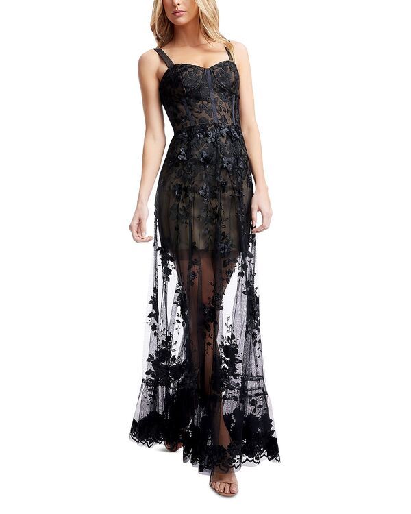 ドレスザポプレーション レディース トップス ワンピース セミシアー Dress the Population Anabel Semi Sheer Sweetheart Neck Gown Blacknude ブラック