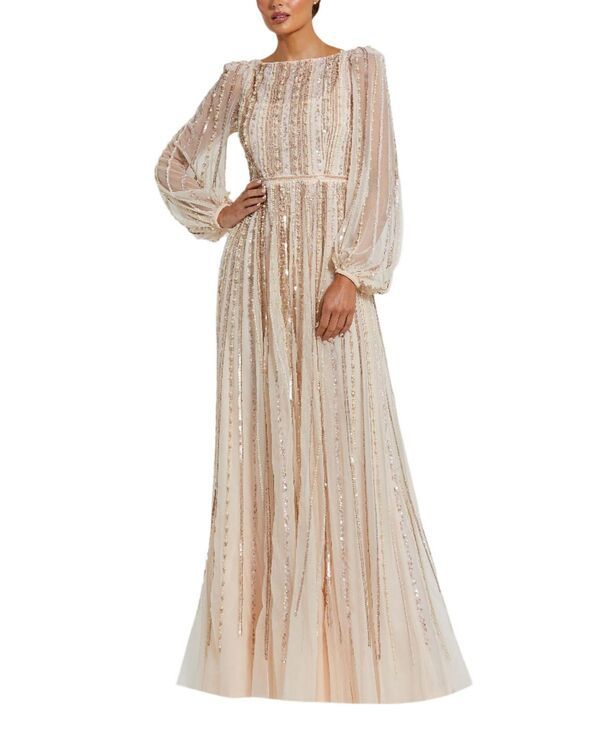 マックダガル レディース トップス ワンピース Mac Duggal Boat Neck Long Sleeve Gown with Striped Beading Peach ピーチ