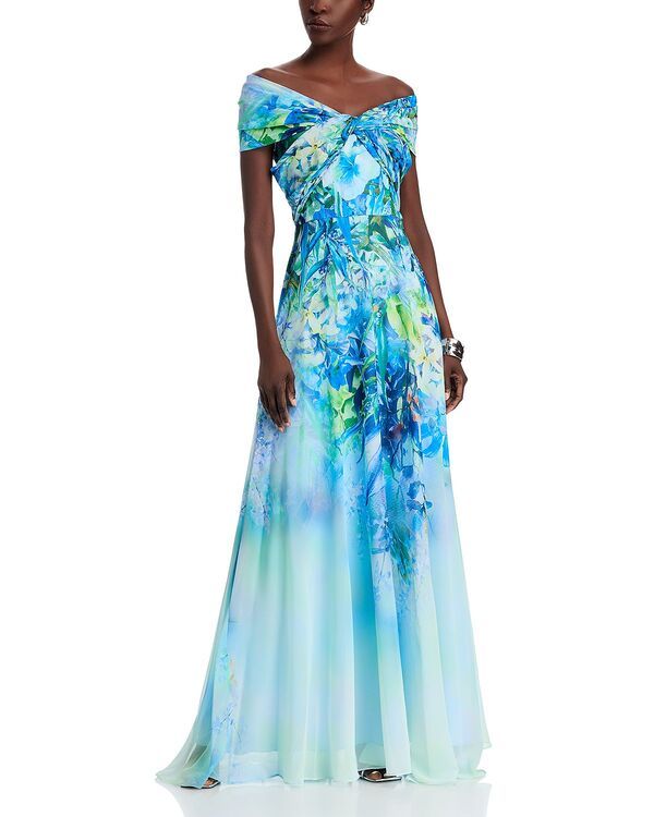 テリジョンバイリッキーフリーマン レディース トップス ワンピース シフォン プリント Teri Jon by Rickie Freeman Chiffon Criss Cross OfftheShoulder Leaf Print Gown Blue Mul