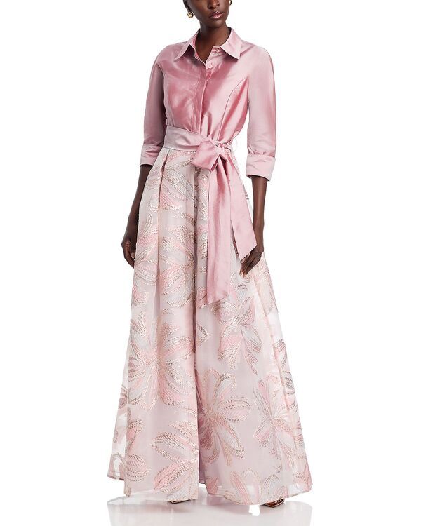 テリジョンバイリッキーフリーマン レディース トップス ワンピース トール シャツ Teri Jon by Rickie Freeman Taffeta Metallic Tie Waist Shirt Dress Gown Dusty Pink ピンク