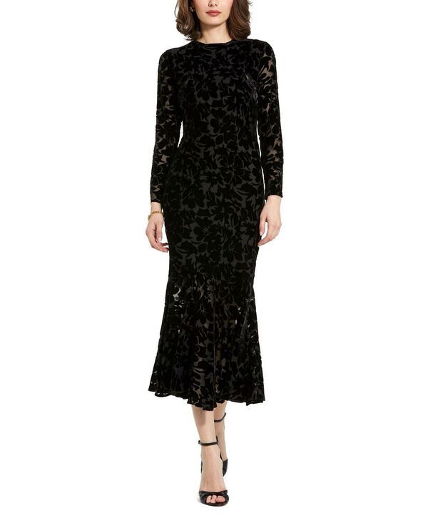 マックダガル レディース トップス ワンピース フリル裾 フリル ミディ ベルベット Mac Duggal Burnout Velvet Long Sleeve Ruffle Hemidi Dress Black ブラック
