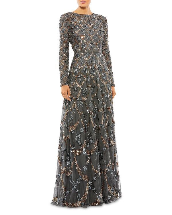 マックダガル レディース トップス ワンピース A ライン ハイネック Mac Duggal Embellished Illusion High Neck Long Sleeve A Line Gown Charcoal チャコール