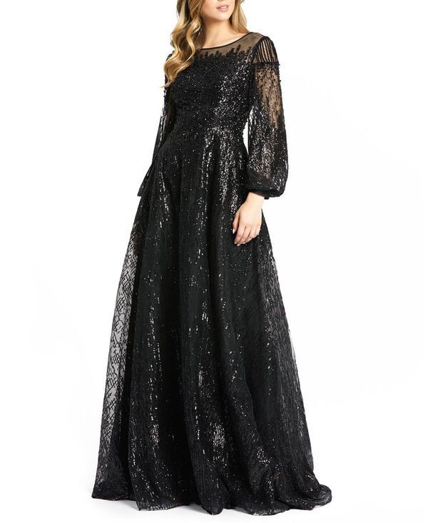 マックダガル レディース トップス ワンピース A ライン Mac Duggal Jewel Encrusted Illusion Long Sleeve A Line Gown Black ブラック