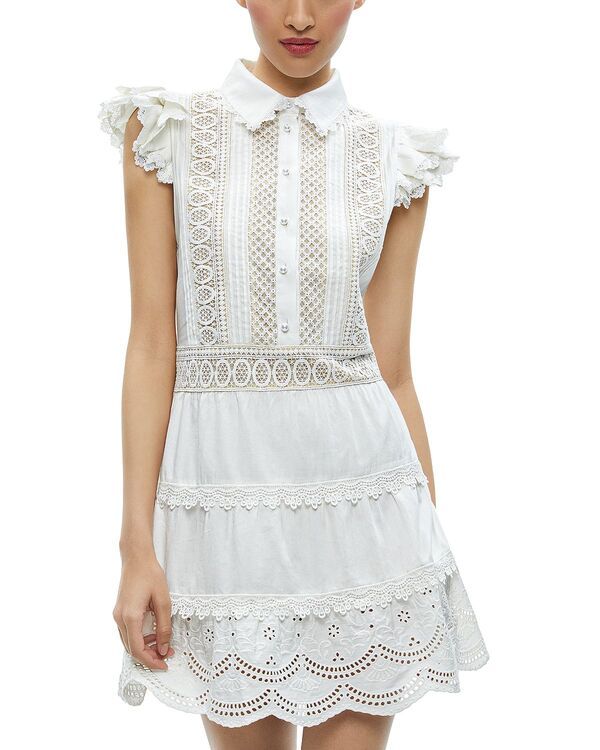 アリスアンドオリビア レディース トップス ワンピース フリル 刺繍 Alice and Olivia Meeko Embroidered Ruffle Sleeve Dress Off White オフホワイト