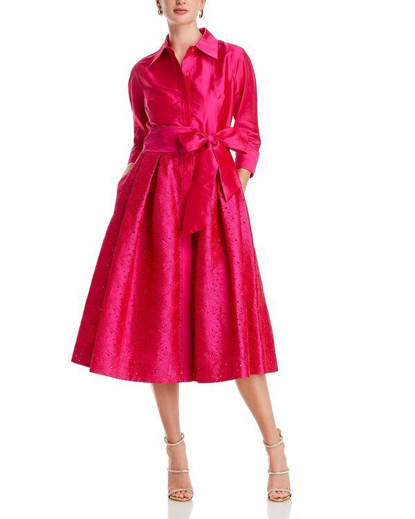 テリジョンバイリッキーフリーマン レディース トップス ワンピース シャツ 刺繍 Teri Jon by Rickie Freeman Embroidered Sash Belt Shirt Dress Hot Pink ピンク