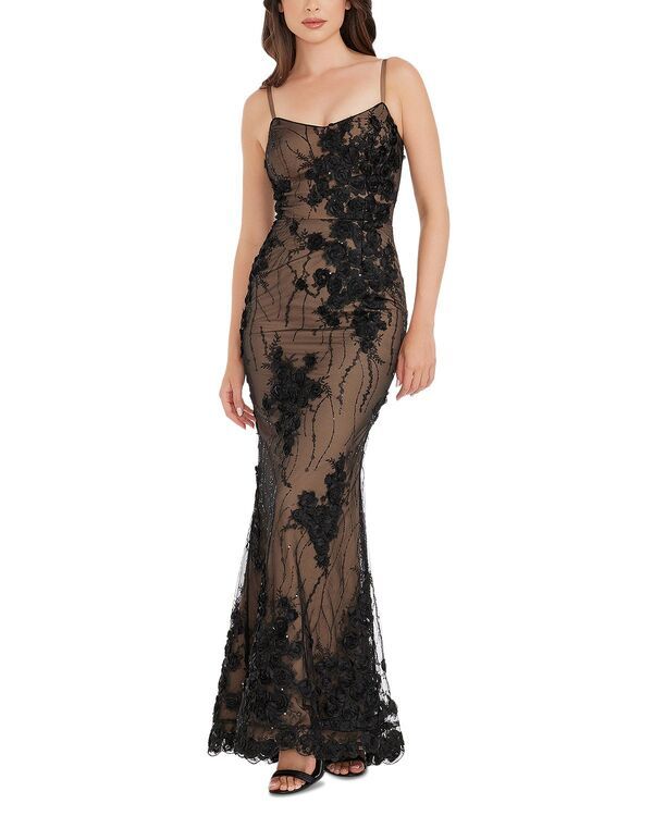 ドレスザポプレーション レディース トップス ワンピース フラワー柄 メッシュ フラワー Dress the Population Giovanna Floral Mesh Appliqu Gown Blacknude ブラック