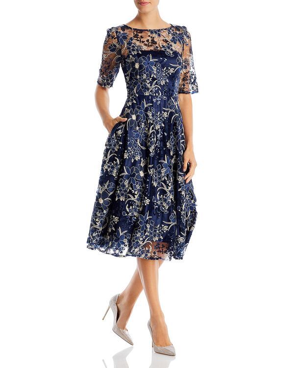 エリザジェイ レディース トップス ワンピース Eliza J Short Sleeve Illusion Yoke Dress Navy ネイビー