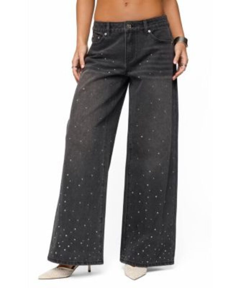 アディクテッド レディース ボトムス デニムパンツ ローライズ ジーンズ Edikted Rhinestone Washed Low Rise Baggy Jeans BlackWashed ブラック