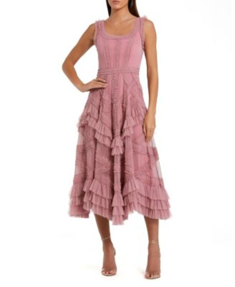 マックダガル レディース トップス ワンピース プチ フリル メッシュ ミディ ノースリーブ Mac Duggal Petite Scoop Neck Sleeveless Mesh Micro Ruffle Midi Dress Antique Rose