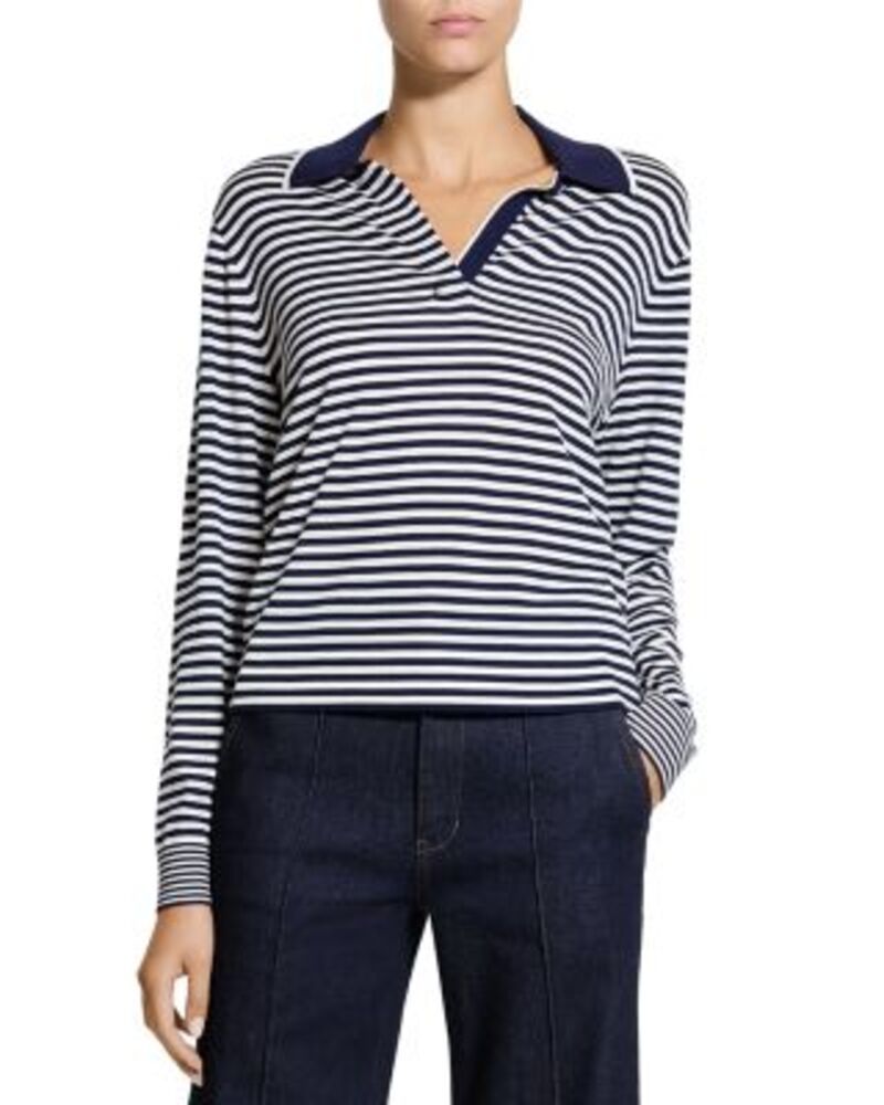 セオリー レディース アウター ニット・セーター ポロシャツ ウール Theory Merino Wool Striped Polo Pullover Sweater Dark Navy ネイビー
