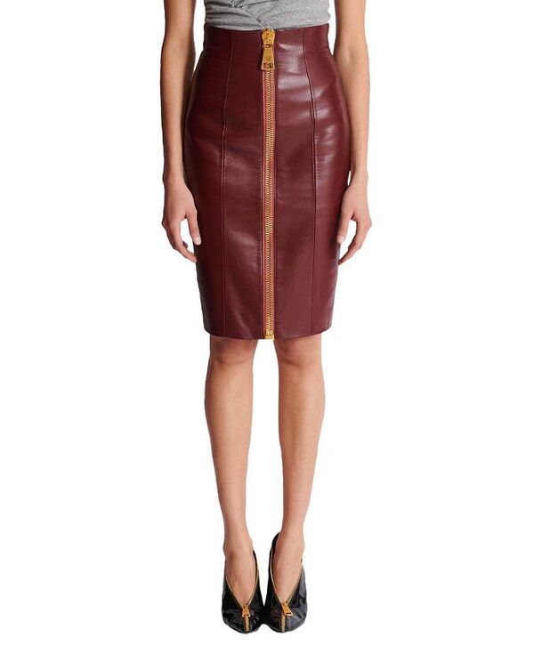 バルマン レディース ボトムス スカート レザー Balmain Lambskin Leather Pencil Skirt Brown ブラウン