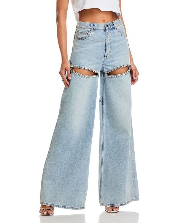 エリア レディース ボトムス デニムパンツ ワイドレッグ ジーンズ AREA Wide Leg Crystal Slit Jeans in Light Light Blue ブルー