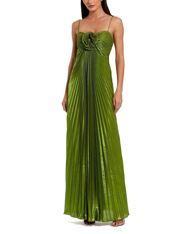 マックダガル レディース トップス ワンピース プリーツ トール Mac Duggal Thin Strapleated Metallic Gown with 3D Flower Apple Green グリーン