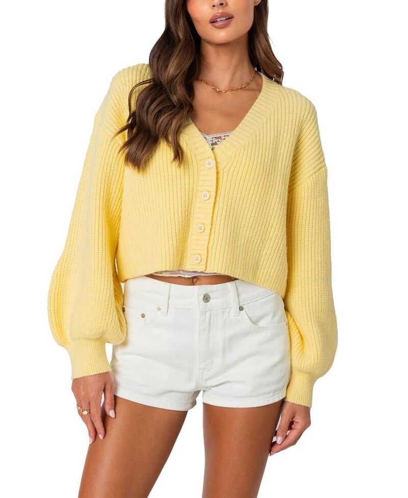 アディクテッド レディース アウター ニット・セーター カーディガン クロップド Edikted Sabrina Chunky Knit Cropped Cardigan Yellow イエロー