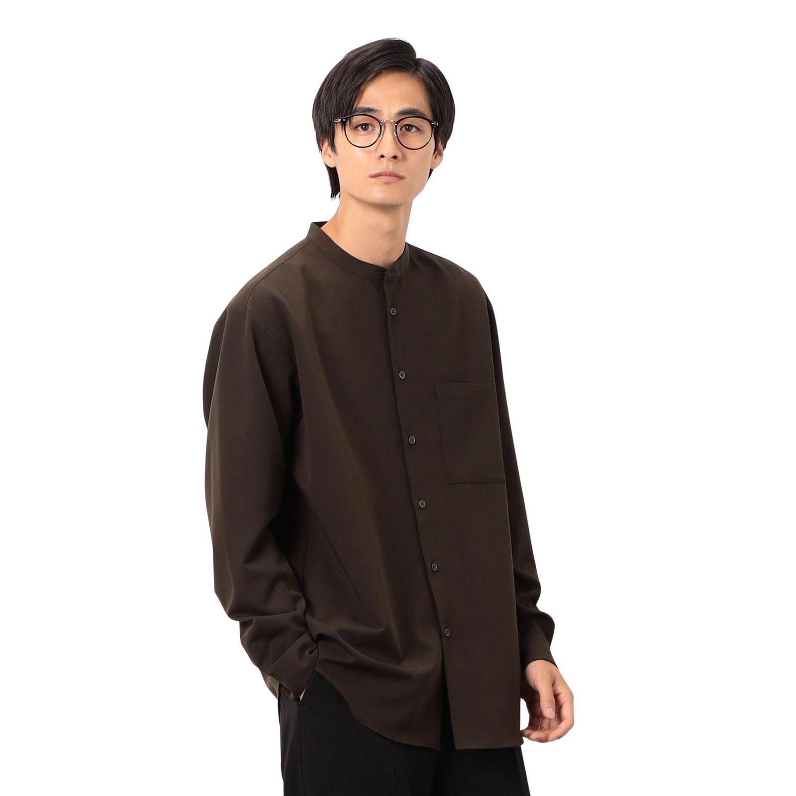 新品 [コムサイズム] ウールライク バンドカラー 長袖シャツ 47-30IM01-205 ブラウン S