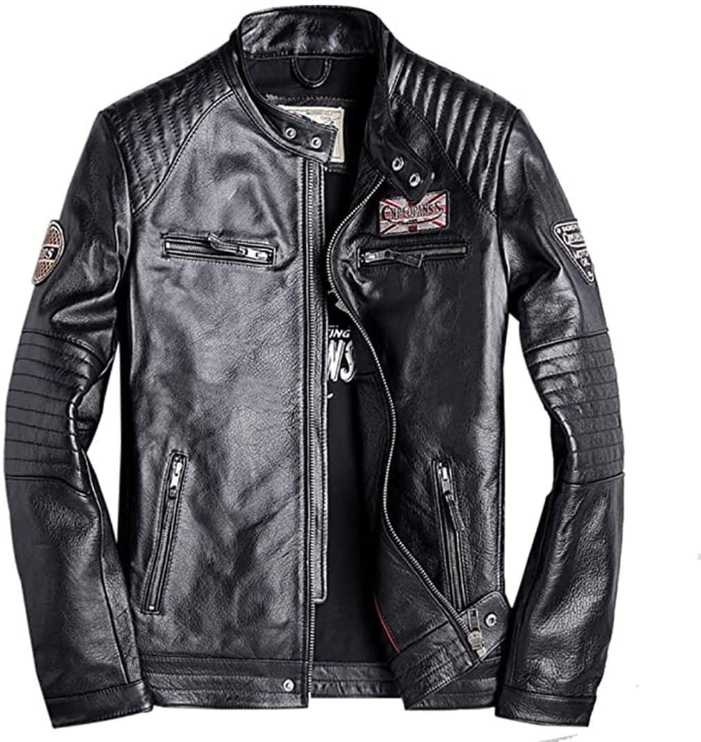 新品 [CNPLOPANSS] 本革 メンズジャケット バイクジャケット 羊革ジャケット 牛革 男性 革ジャン ライダースジャケット ビジネスコート 黒色 無地 皮ジャン防寒コート 刺繍 大きいサイズ ブラック (5XL 牛革製)