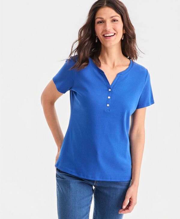 スタイルアンドコー レディース トップス シャツ 半袖 コットン Style Co WomenshortSleeve Cotton Henley Top Exclusively at Macys Galaxy Blue ブルー