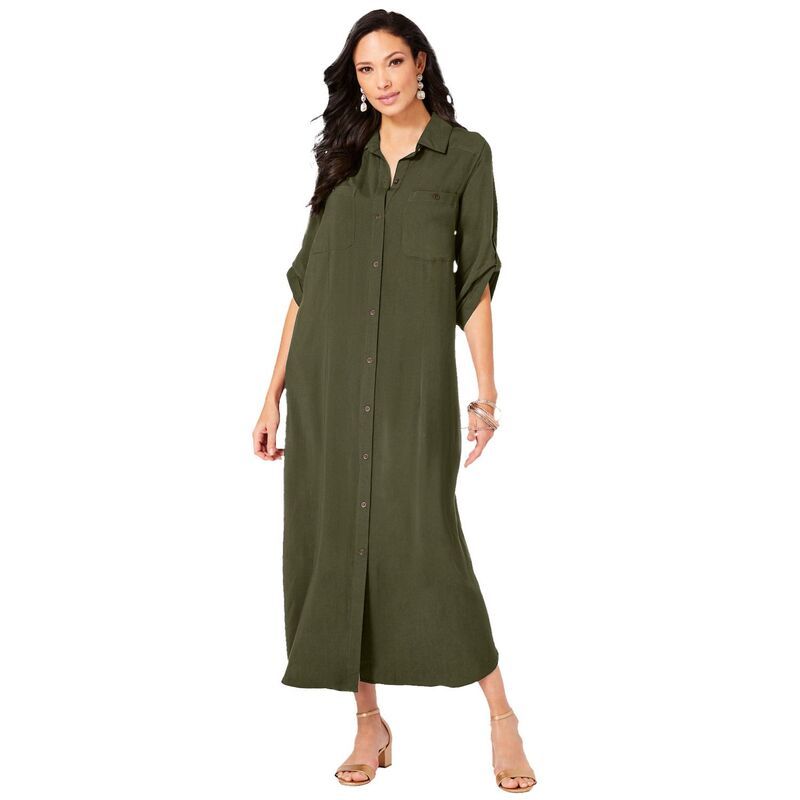 ロアマンズ レディース トップス ワンピース プラスサイズ Roamans Womens Plusize Collared Button Front Dress Dark Olive Green グリーン