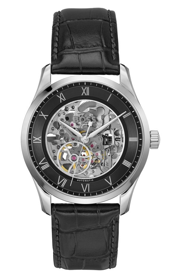 ボス メンズ アクセサリー 腕時計 レザー BOSS Principle Skeleton Automatic Leather Strap Watch 41mm Black ブラック