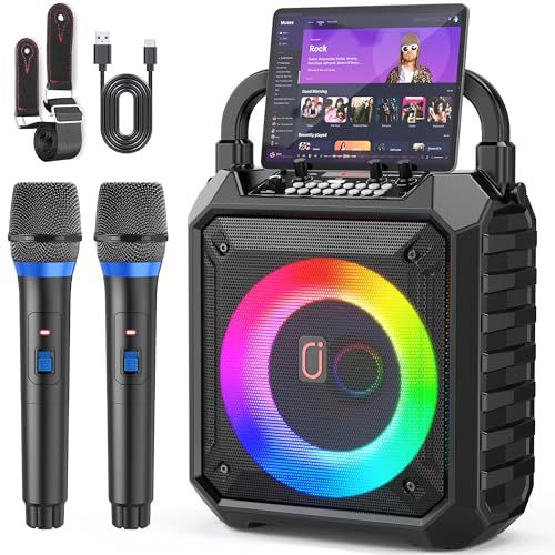 スピーカーセット JYX カラオケセット 家庭用 拡声器 ワイヤレスマイク ２本 Bluetooth 5.1 小型 PAセット 小型 カラオケマシン ポータブルスピーカー SDカード USB AUX Android 対応 ホームパーティー/会 784debce