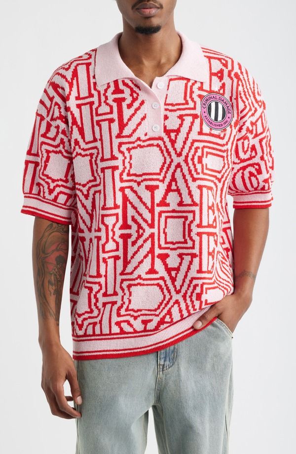 クリミナルダメージ メンズ トップス ポロシャツ セーター ロゴ CRIMINAL DAMAGE Logo Jacquard Polo Sweater Pink ピンク