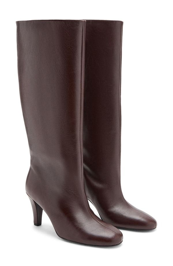 マンゴ レディース シューズ ブーツ・レインブーツ レザー MANGO Leather Knee High Boot Burgundy バーガンディ