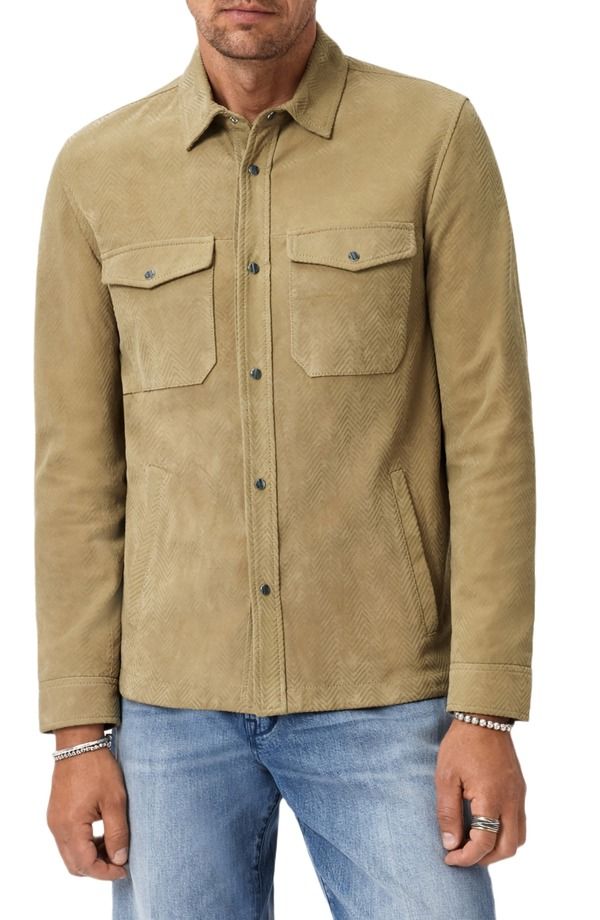 ジョンバルベイトス メンズ アウター ジャケット・ブルゾン シャツ レザー John Varvatos Jonaherringbone Pattern Leather Overshirt Dark Tan タン