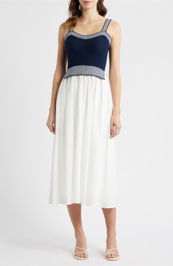 ムーンリバー レディース トップス ワンピース ミディ MOON RIVER Crochetop Mixed Media Midi Dress Navy Off White オフホワイト