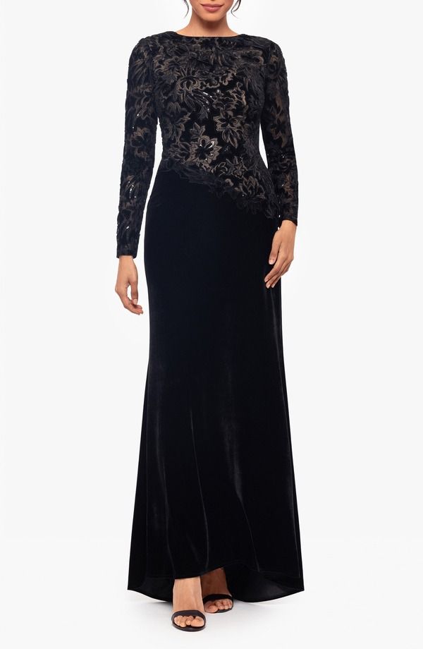 ベッツィアンドアダム レディース トップス ワンピース ベルベット スパンコール Betsy Adam Sequin Velvet Long Sleeve Gown Black Nude ブラック